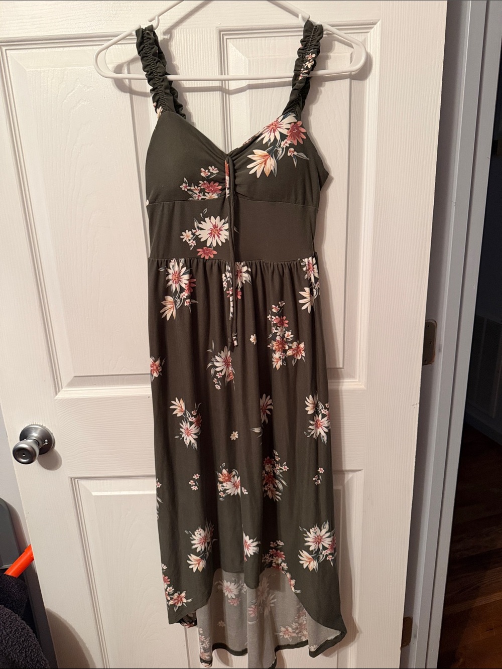 No Boundaries Olive Floral Maxi Dress with Ruffled Straps